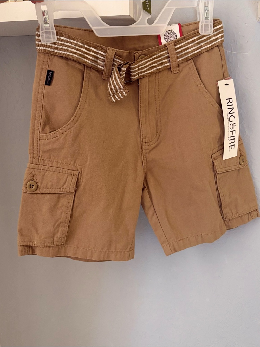 Ring of Fire Tan Cargo Shorts with Striped Belt